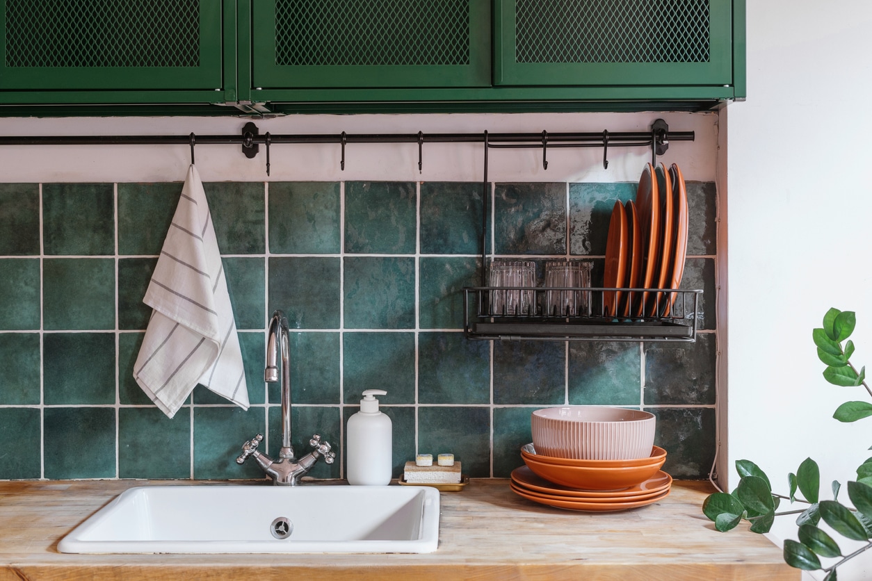 Teal subway tile kitchen